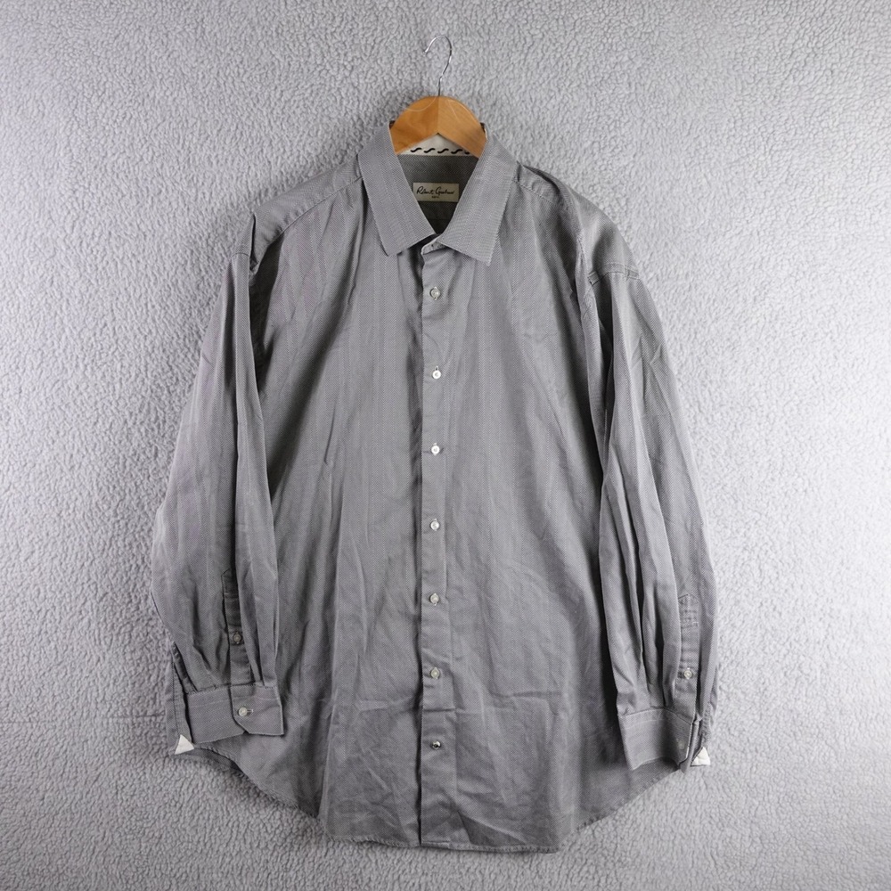 Robert‎ Graham Mens 18 34/35 Big Cotton Herringbone Button Down Shirt Grey Black